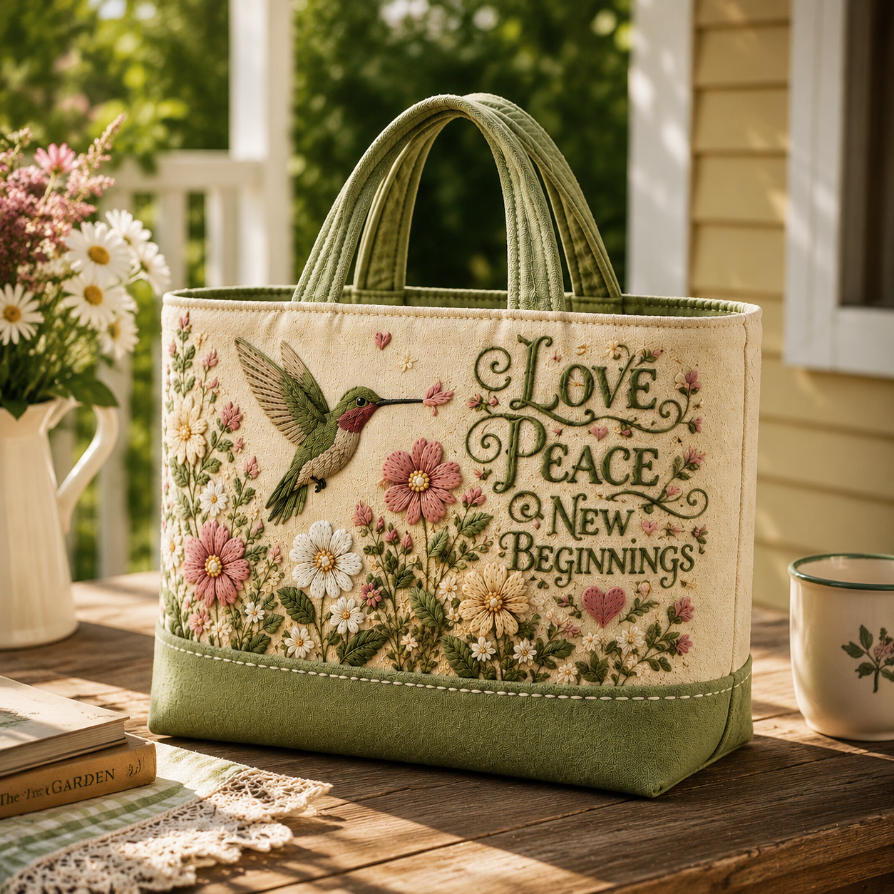 💚 Love, Peace & New Beginnings | Spring Garden Hummingbird Tote Bag