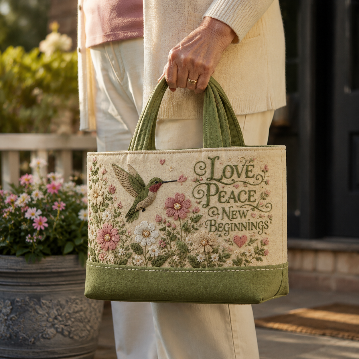💚 Love, Peace & New Beginnings | Spring Garden Hummingbird Tote Bag