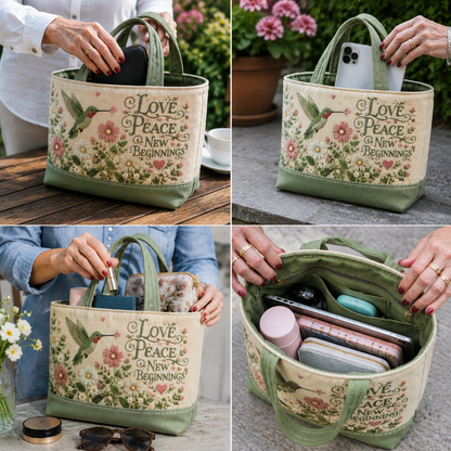 💚 Love, Peace & New Beginnings | Spring Garden Hummingbird Tote Bag