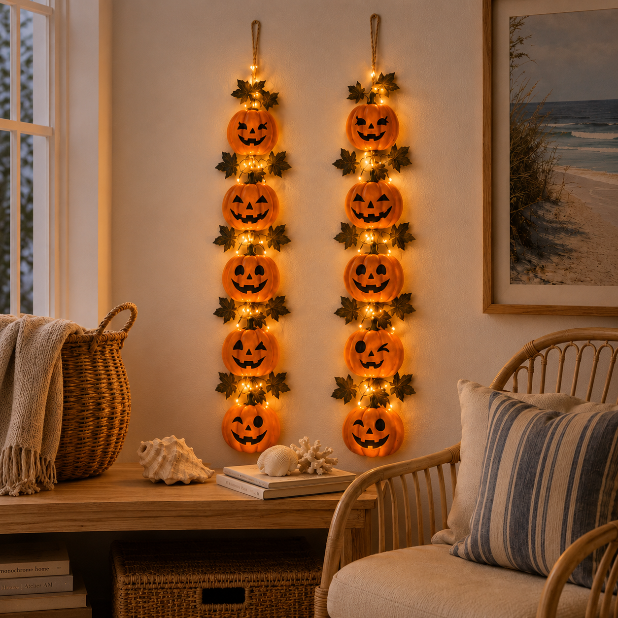 23.2 in × 6.7 in Lighted Coastal Wooden Starfish & Fish Hanging Decor
