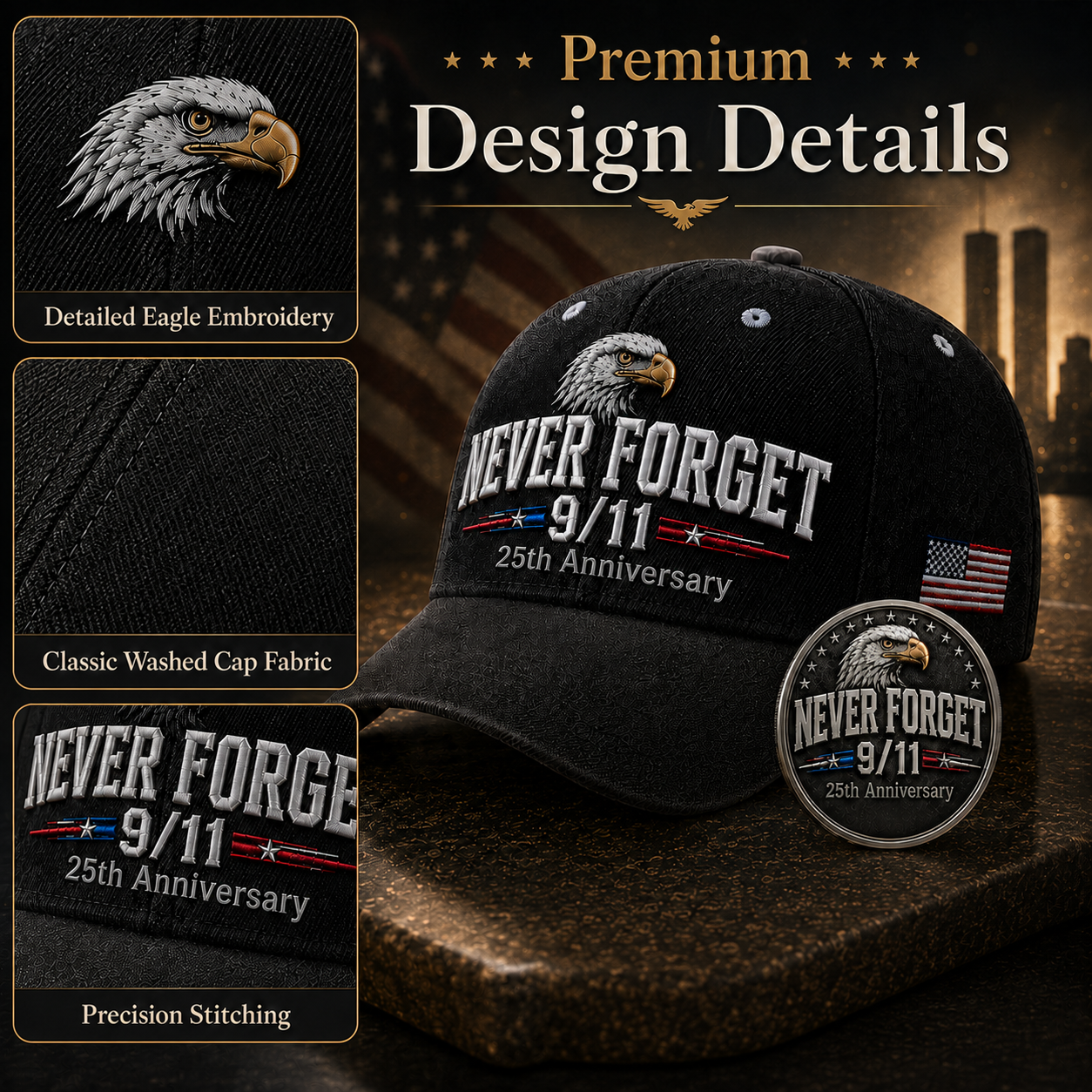 🇺🇸 9/11 Never Forget 2001–2026 Honor Cap 🎁 Free Memorial Coin With Every Cap Purchase