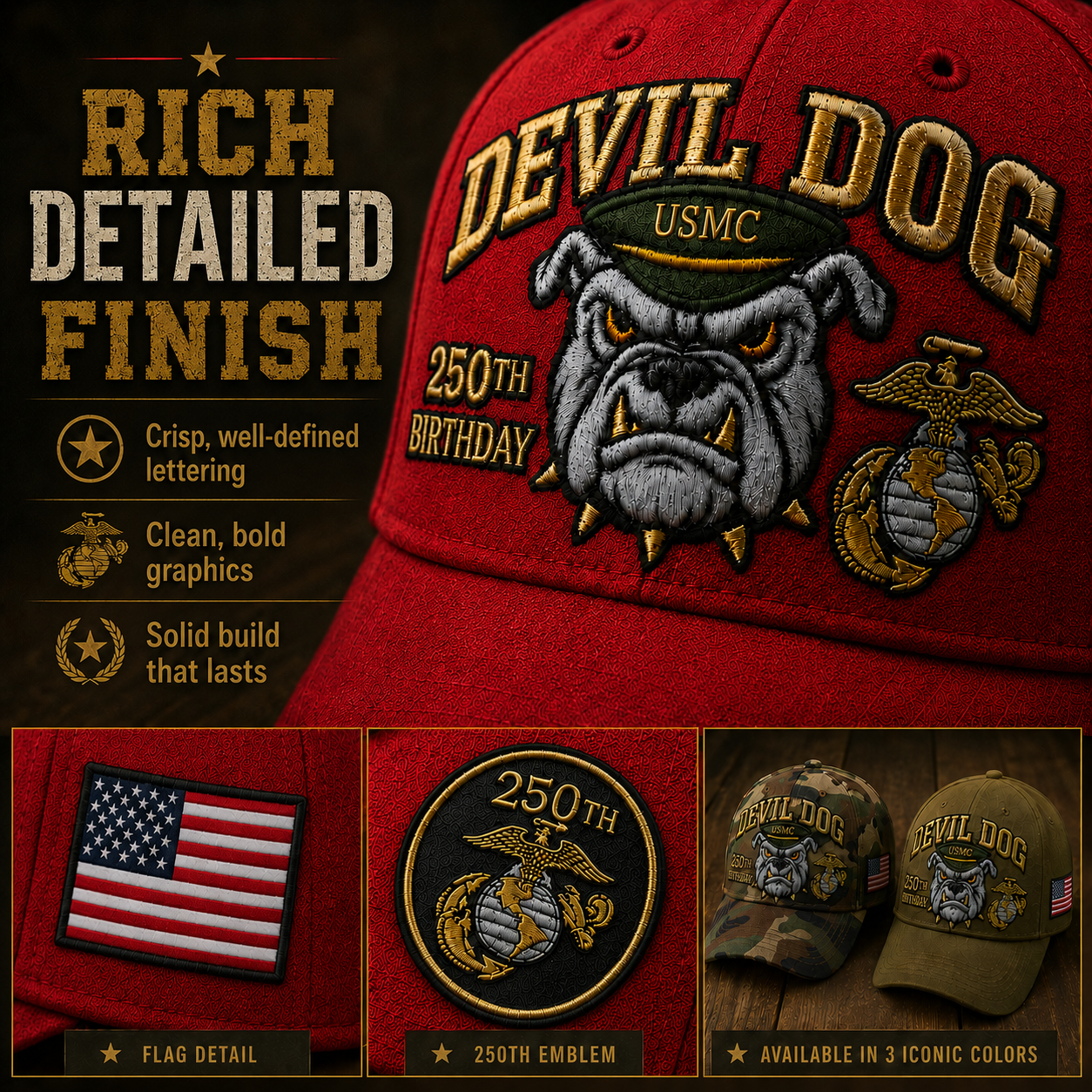 🔥 Father’s Day Sale - ❤️Handmade Devil Dog USMC 250th Birthday Commemorative Cap 🇺🇸