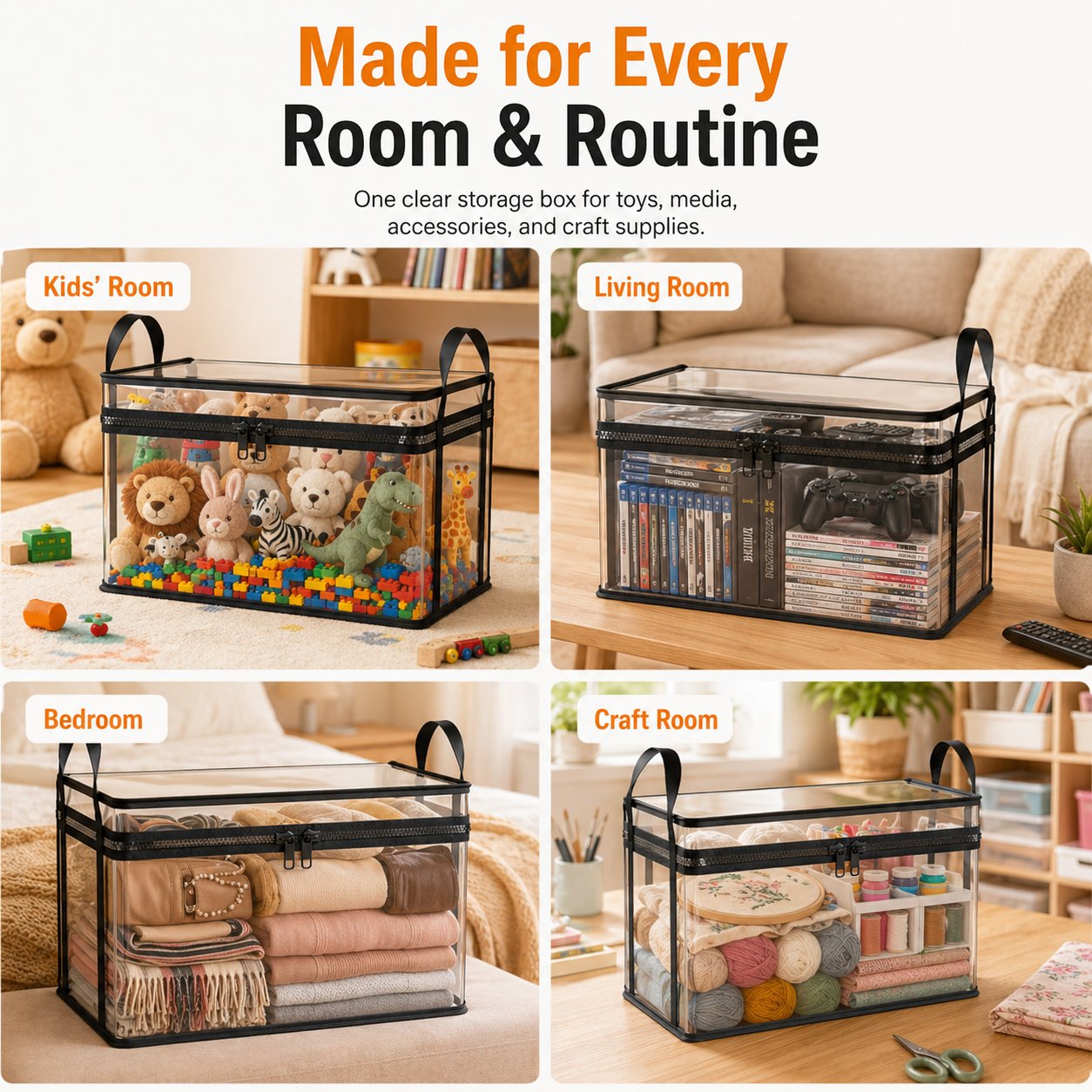 Clear PVC Storage Bins with Handles – for Books, Toys, Media, & Organizing🧸📚